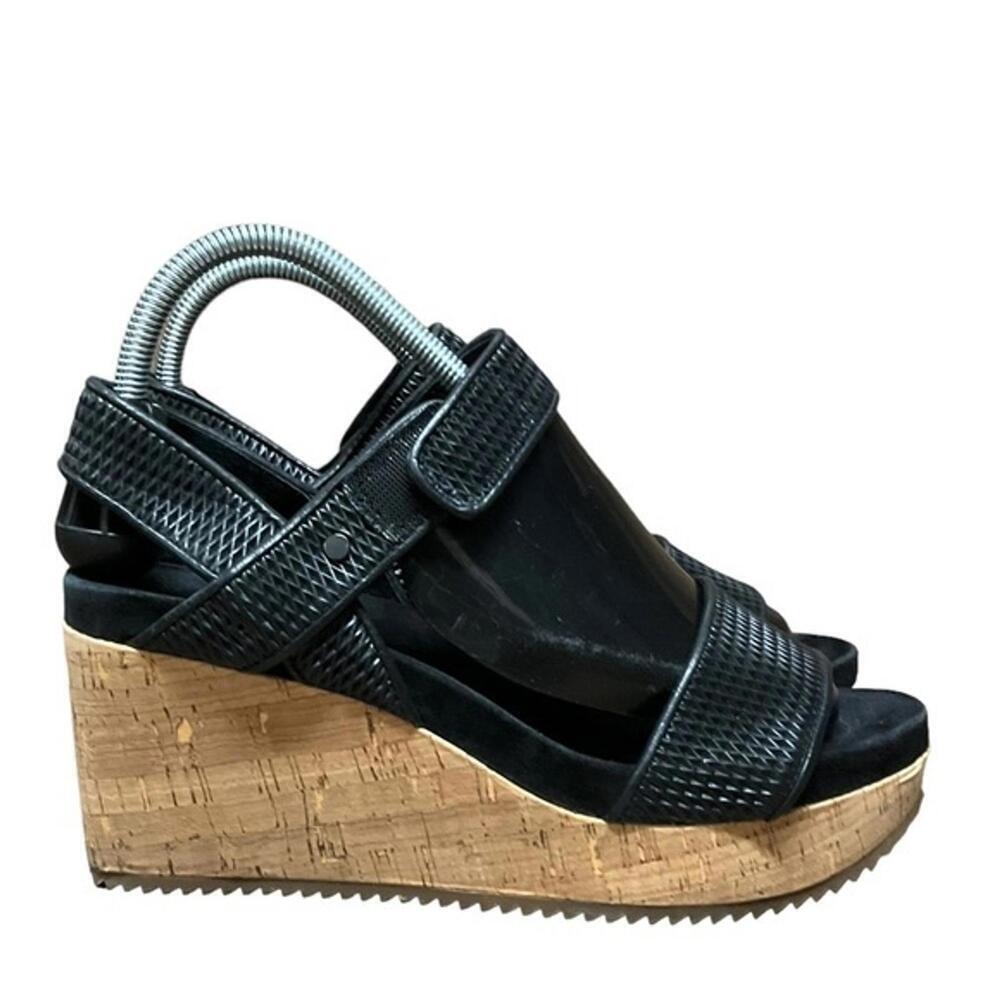 EILEEN Fisher Demo Black Leather Cork Wedge Platform Sandals Easy Strap Size 6.5